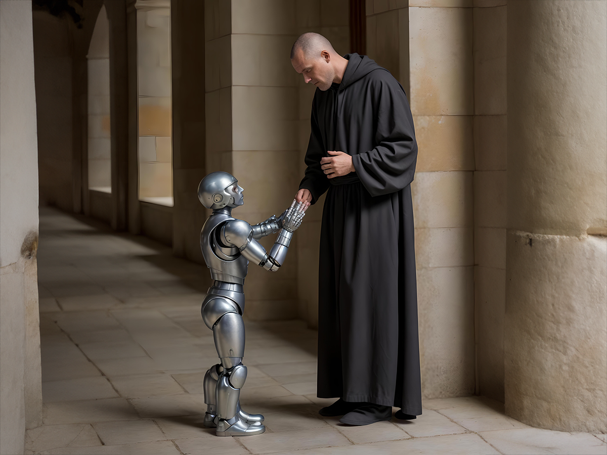 Imagen de un fraile con un robot en un convento generada con inteligencia artificial.